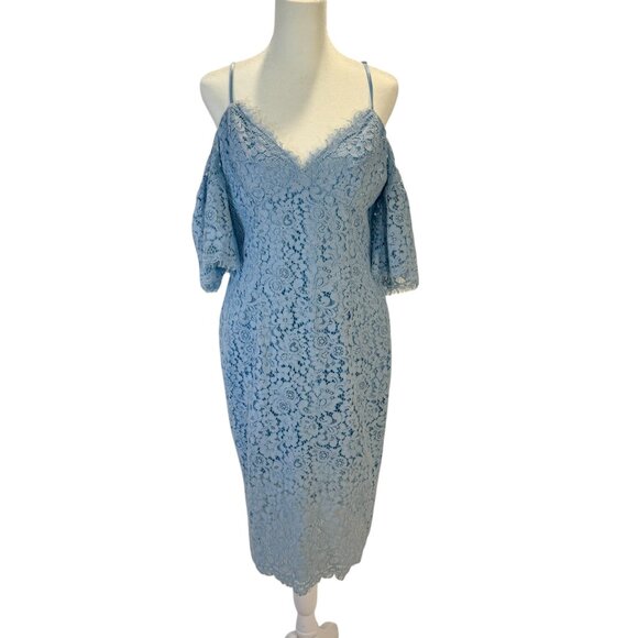 Bardot Light Blue Lace Off Shoulder Sleeves Midi Dress, Cocktail / Formal - Picture 1 of 5